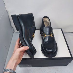 GUCCI Black Leather Lug Sole Horsebit Loafers